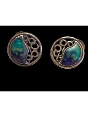 Chicos Silver Tone Blue Green Enamel Openwork  Earrings Swirl Boho Celtic Artisa